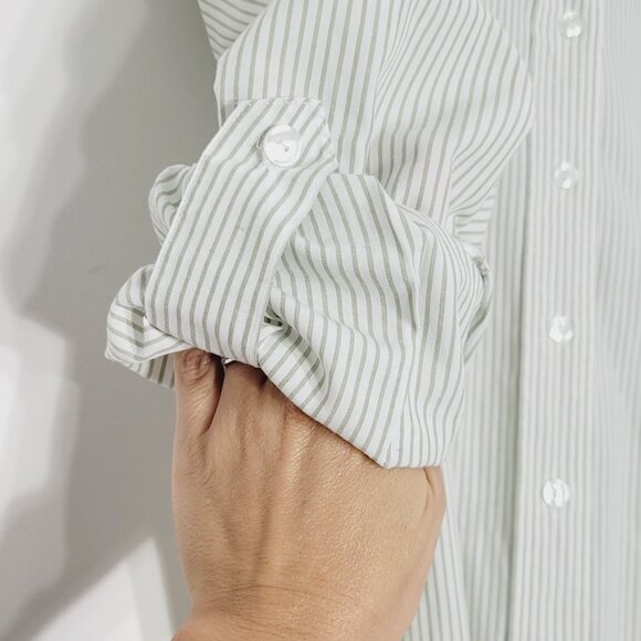 Alia White Green Striped Floral Embroidered Cotton Blend Button Down Shirt 10P - Picture 8 of 13